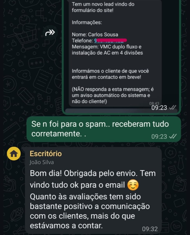 Mensagem de WhatsApp de uma empresa de climatização a confirmar que está a receber pedidos de orçamento pelo novo formulário
